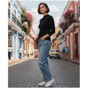 ZARA‎ Black Ribbed Long Sleeve Mock Neck Seam Detail Sweater Top Size S